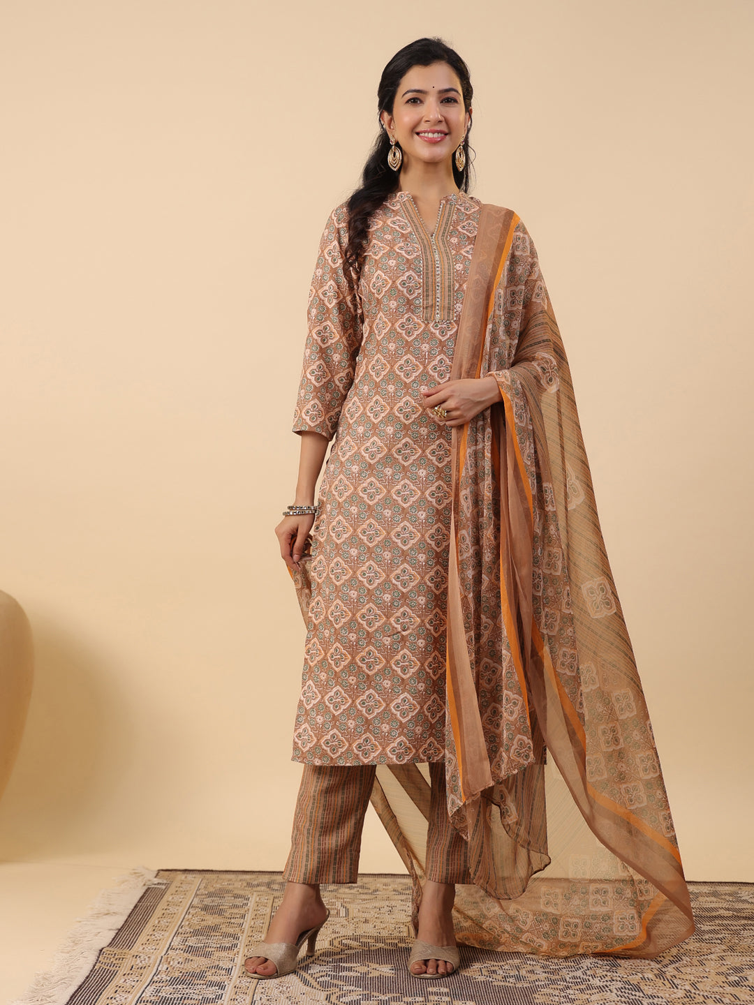 Janasya Straight Biscuit Slub Brown Ethnic Motifs Band Collar Kurta,Bottom & Dupatta | Grocsy