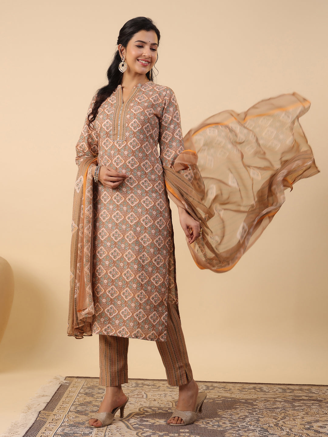 Janasya Straight Biscuit Slub Brown Ethnic Motifs Band Collar Kurta,Bottom & Dupatta | Grocsy