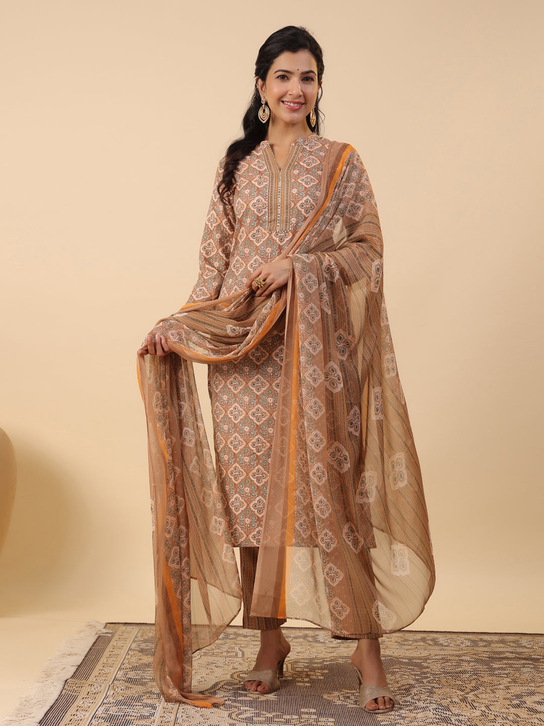 Janasya Straight Biscuit Slub Brown Ethnic Motifs Band Collar Kurta,Bottom & Dupatta | Grocsy