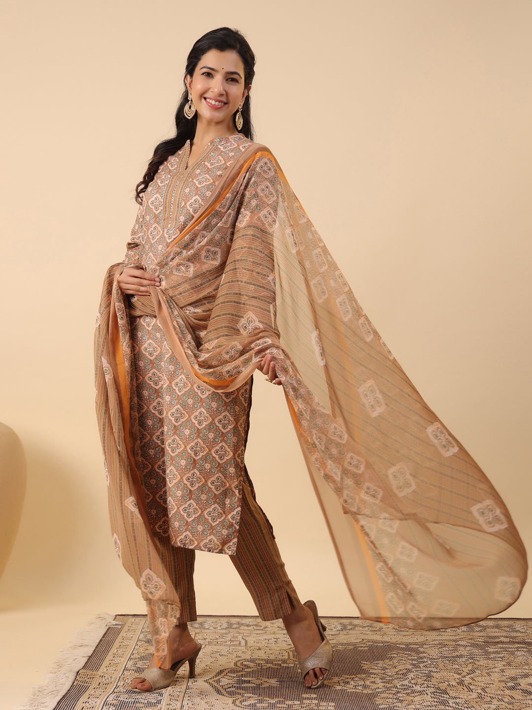 Janasya Straight Biscuit Slub Brown Ethnic Motifs Band Collar Kurta,Bottom & Dupatta | Grocsy