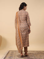 Janasya Straight Biscuit Slub Brown Ethnic Motifs Band Collar Kurta,Bottom & Dupatta | Grocsy