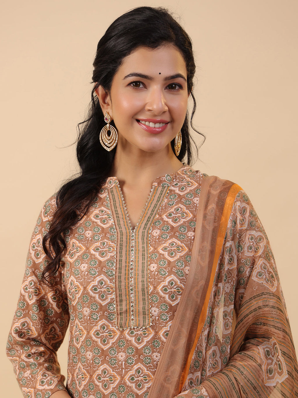 Janasya Straight Biscuit Slub Brown Ethnic Motifs Band Collar Kurta,Bottom & Dupatta | Grocsy