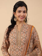 Janasya Straight Biscuit Slub Brown Ethnic Motifs Band Collar Kurta,Bottom & Dupatta | Grocsy