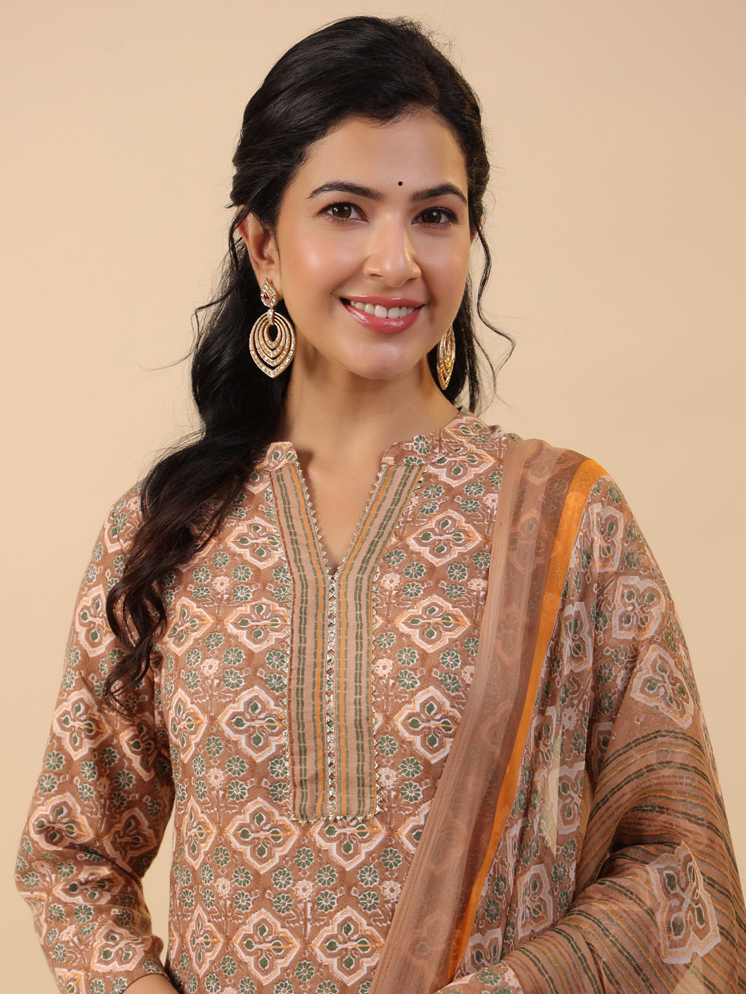 Janasya Straight Biscuit Slub Brown Ethnic Motifs Band Collar Kurta,Bottom & Dupatta | Grocsy