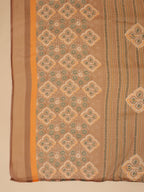 Janasya Straight Biscuit Slub Brown Ethnic Motifs Band Collar Kurta,Bottom & Dupatta | Grocsy