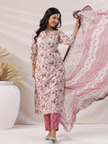 Janasya Straight Biscuit Slub Beige Floral Notch Neck Kurta,Bottom & Dupatta | Grocsy