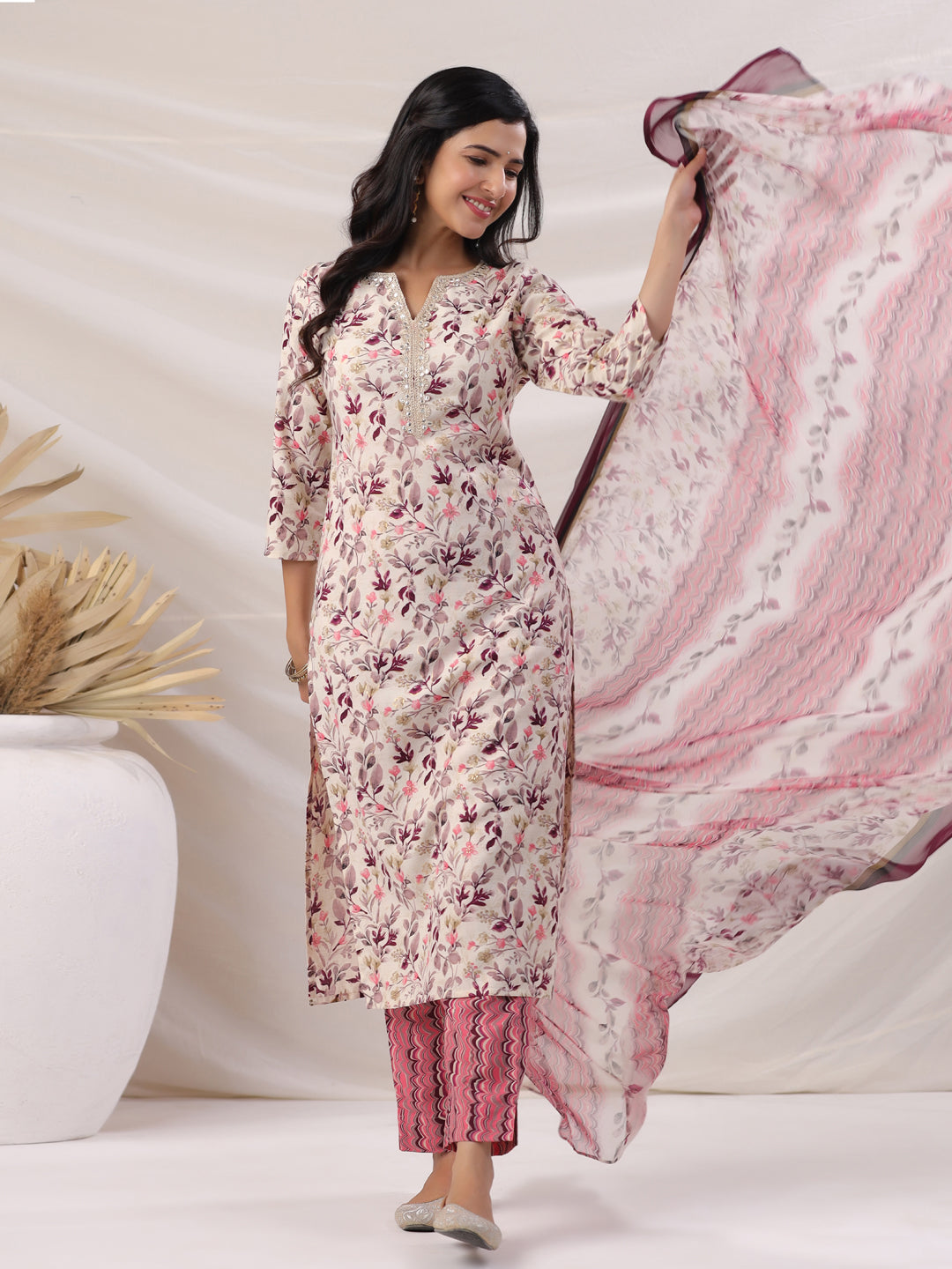 Janasya Straight Biscuit Slub Beige Floral Notch Neck Kurta,Bottom & Dupatta | Grocsy