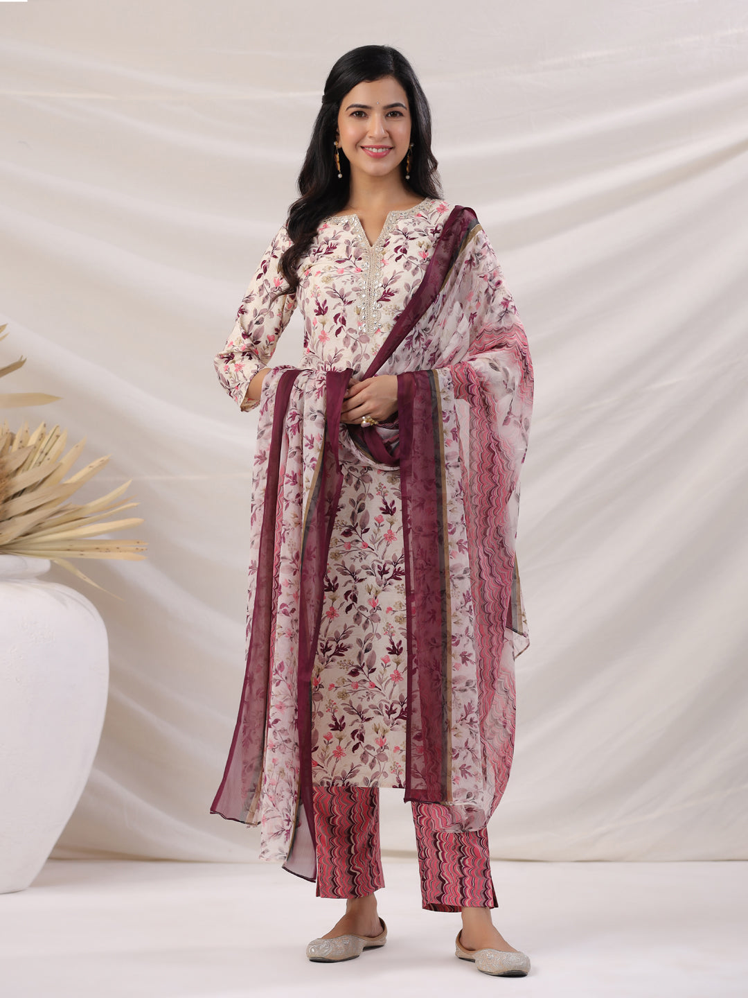 Janasya Straight Biscuit Slub Beige Floral Notch Neck Kurta,Bottom & Dupatta | Grocsy