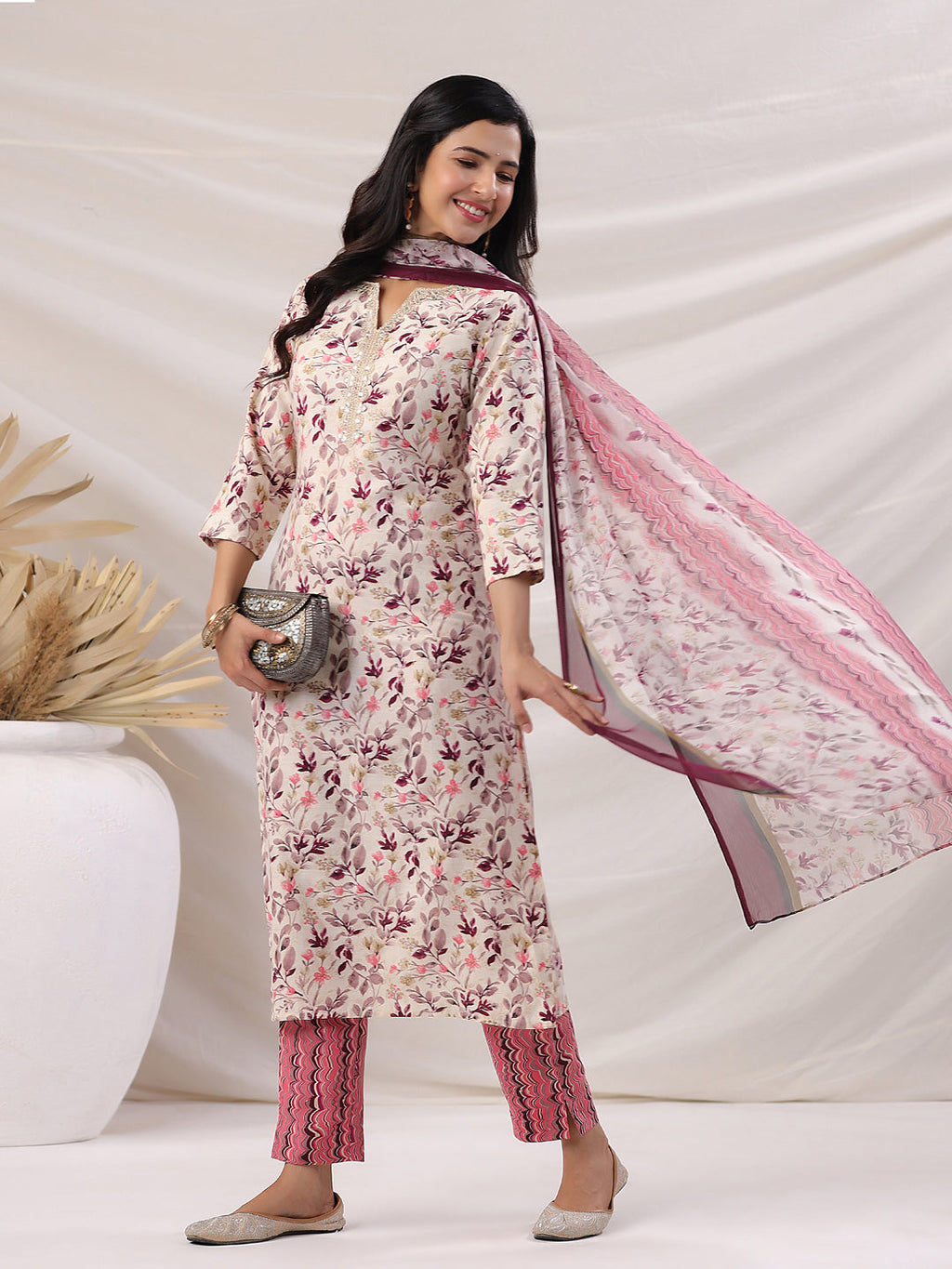 Janasya Straight Biscuit Slub Beige Floral Notch Neck Kurta,Bottom & Dupatta | Grocsy