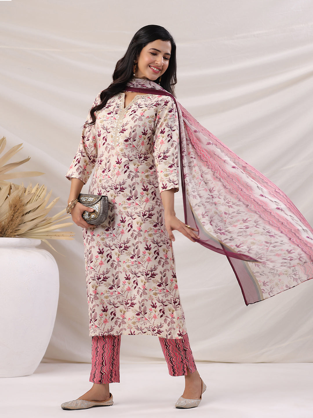 Janasya Straight Biscuit Slub Beige Floral Notch Neck Kurta,Bottom & Dupatta | Grocsy