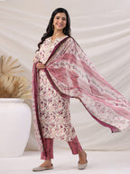 Janasya Straight Biscuit Slub Beige Floral Notch Neck Kurta,Bottom & Dupatta | Grocsy