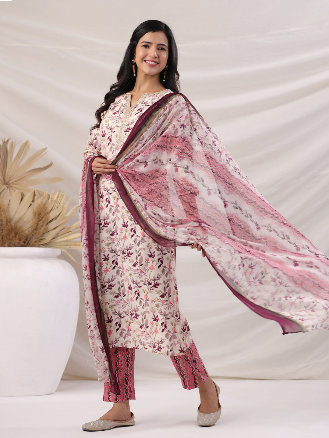 Janasya Straight Biscuit Slub Beige Floral Notch Neck Kurta,Bottom & Dupatta | Grocsy