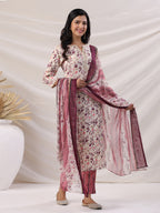 Janasya Straight Biscuit Slub Beige Floral Notch Neck Kurta,Bottom & Dupatta | Grocsy