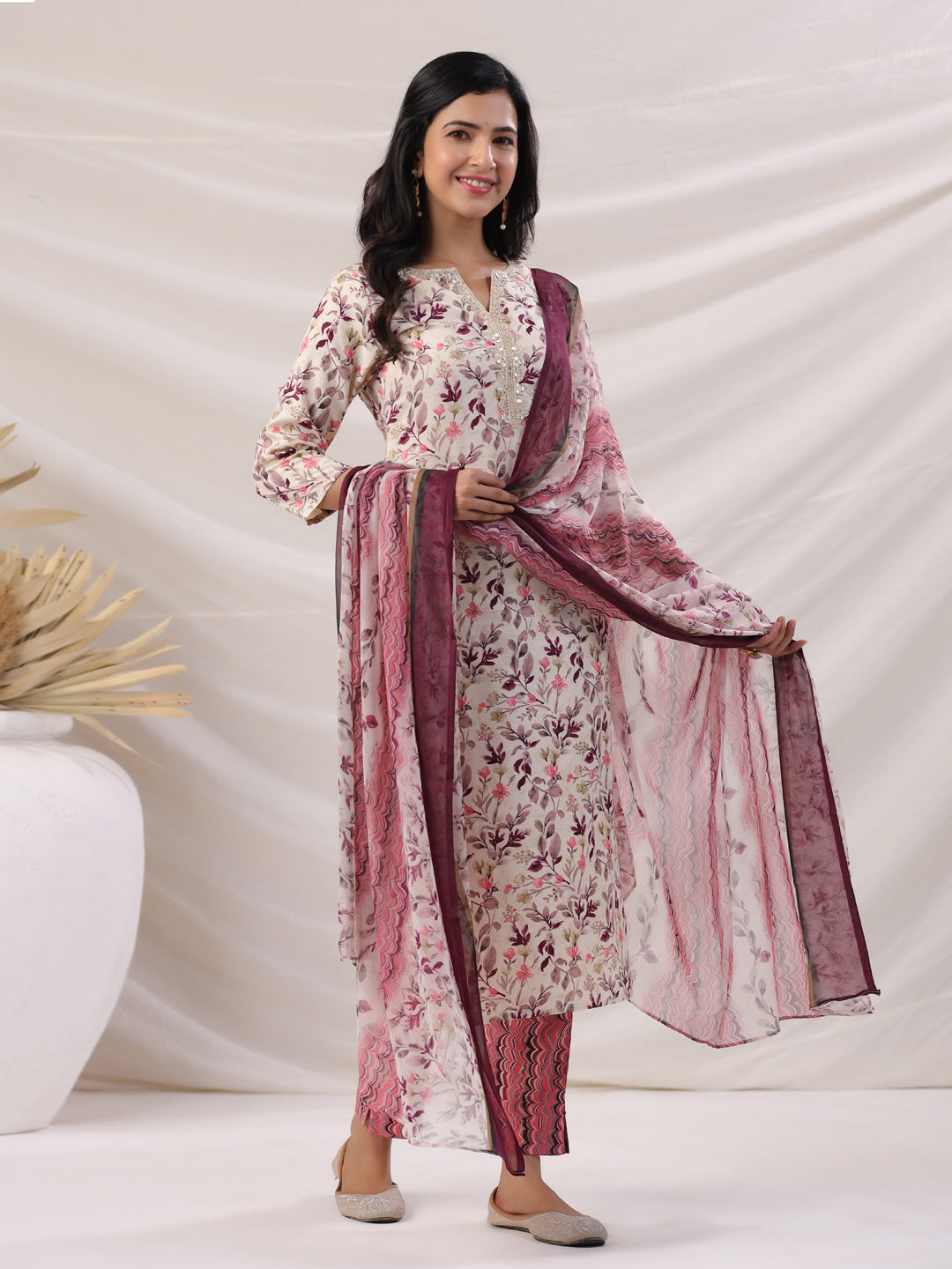 Janasya Straight Biscuit Slub Beige Floral Notch Neck Kurta,Bottom & Dupatta | Grocsy