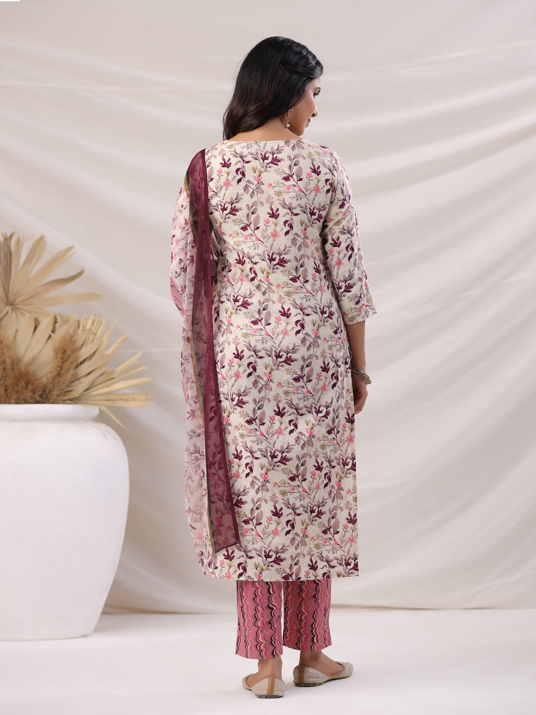 Janasya Straight Biscuit Slub Beige Floral Notch Neck Kurta,Bottom & Dupatta | Grocsy