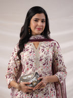 Janasya Straight Biscuit Slub Beige Floral Notch Neck Kurta,Bottom & Dupatta | Grocsy