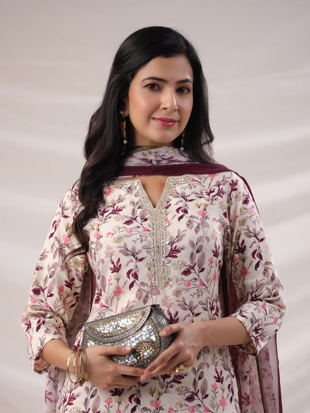 Janasya Straight Biscuit Slub Beige Floral Notch Neck Kurta,Bottom & Dupatta | Grocsy