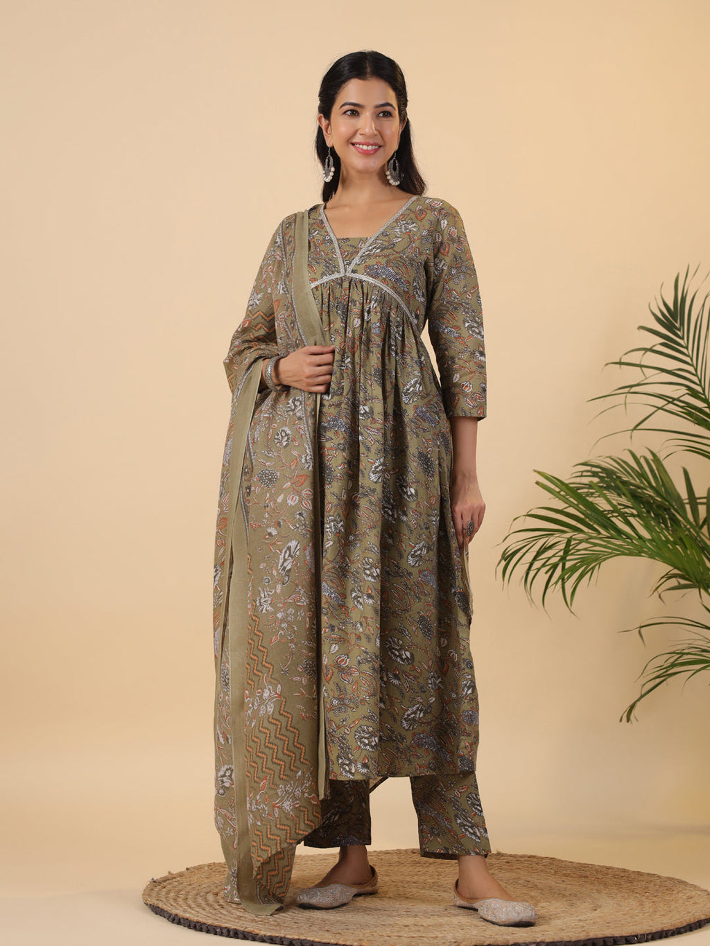 Janasya Gathered Poly Cotton Olive Floral Alia Cut Neck Kurta,Bottom & Dupatta | Grocsy
