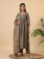 Janasya Gathered Poly Cotton Olive Floral Alia Cut Neck Kurta,Bottom & Dupatta | Grocsy