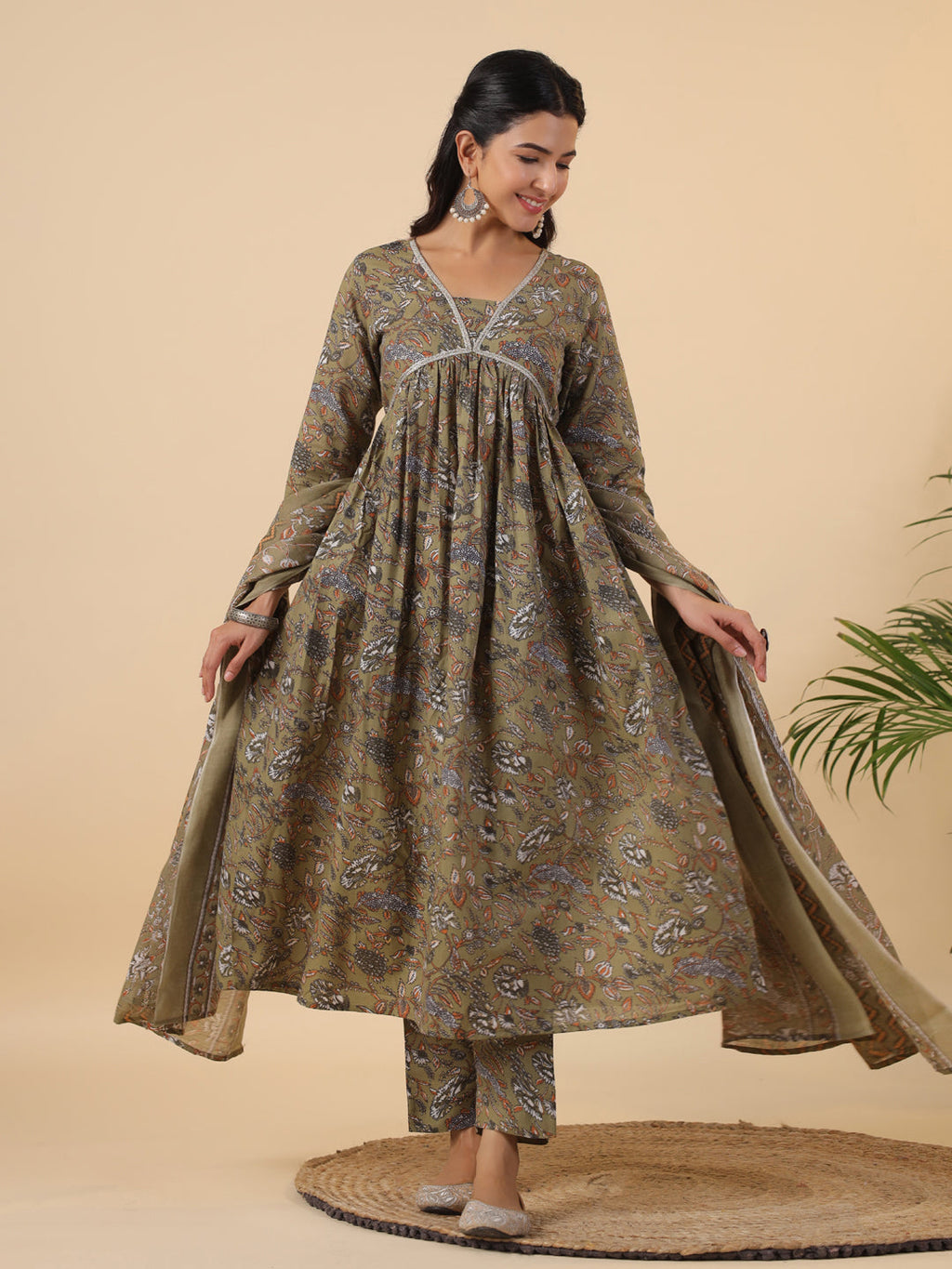 Janasya Gathered Poly Cotton Olive Floral Alia Cut Neck Kurta,Bottom & Dupatta | Grocsy