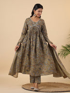 Janasya Gathered Poly Cotton Olive Floral Alia Cut Neck Kurta,Bottom & Dupatta | Grocsy