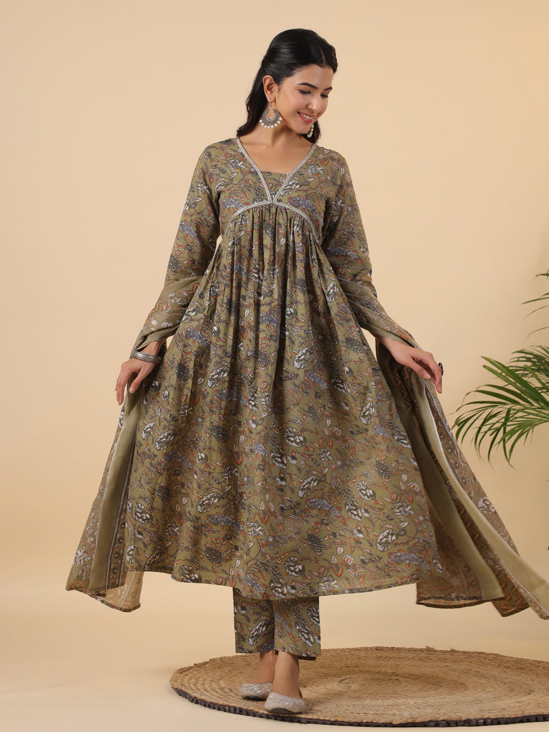 Janasya Gathered Poly Cotton Olive Floral Alia Cut Neck Kurta,Bottom & Dupatta | Grocsy