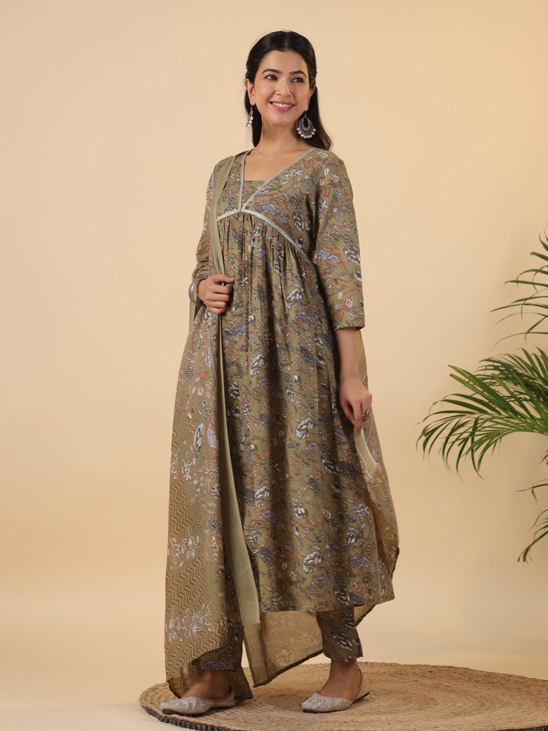 Janasya Gathered Poly Cotton Olive Floral Alia Cut Neck Kurta,Bottom & Dupatta | Grocsy