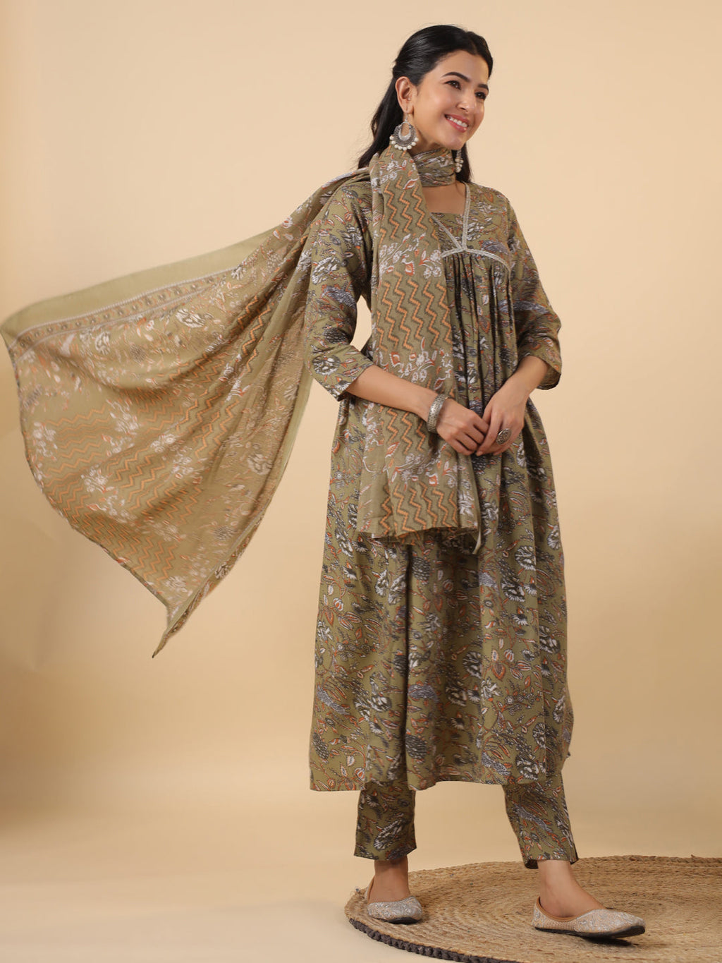 Janasya Gathered Poly Cotton Olive Floral Alia Cut Neck Kurta,Bottom & Dupatta | Grocsy