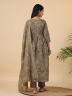 Janasya Gathered Poly Cotton Olive Floral Alia Cut Neck Kurta,Bottom & Dupatta | Grocsy