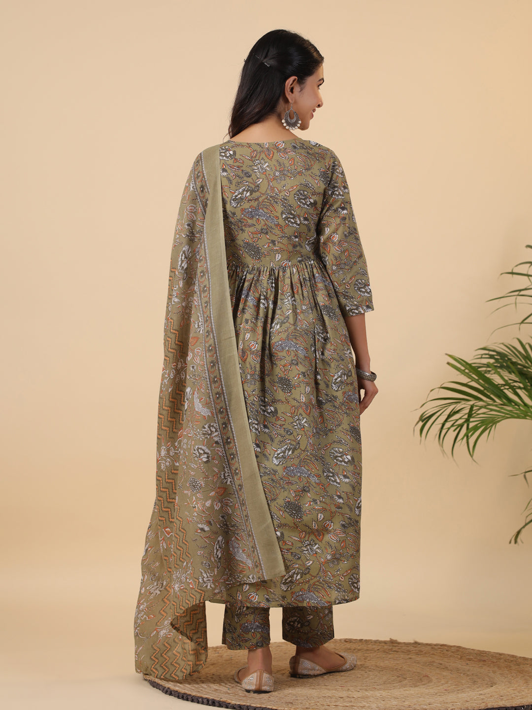 Janasya Gathered Poly Cotton Olive Floral Alia Cut Neck Kurta,Bottom & Dupatta | Grocsy