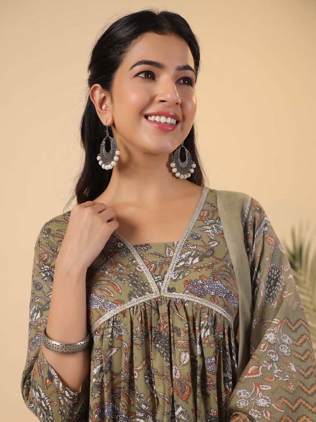 Janasya Gathered Poly Cotton Olive Floral Alia Cut Neck Kurta,Bottom & Dupatta | Grocsy
