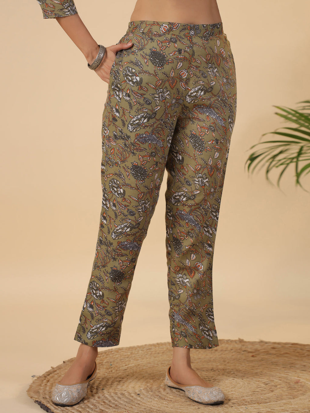 Janasya Gathered Poly Cotton Olive Floral Alia Cut Neck Kurta,Bottom & Dupatta | Grocsy