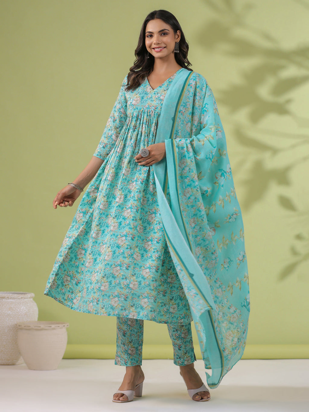 Janasya A-Line Poly Cotton Aqua Floral V-Neck Kurta,Bottom & Dupatta | Grocsy