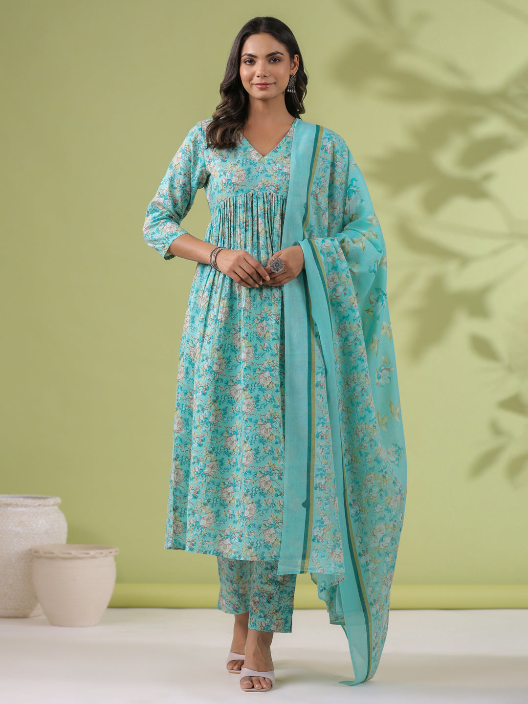 Janasya A-Line Poly Cotton Aqua Floral V-Neck Kurta,Bottom & Dupatta | Grocsy