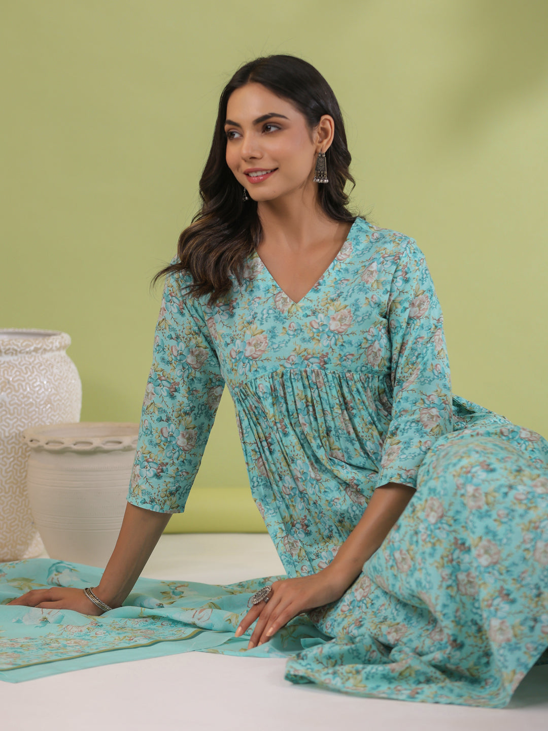 Janasya A-Line Poly Cotton Aqua Floral V-Neck Kurta,Bottom & Dupatta | Grocsy