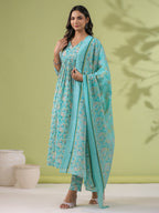 Janasya A-Line Poly Cotton Aqua Floral V-Neck Kurta,Bottom & Dupatta | Grocsy