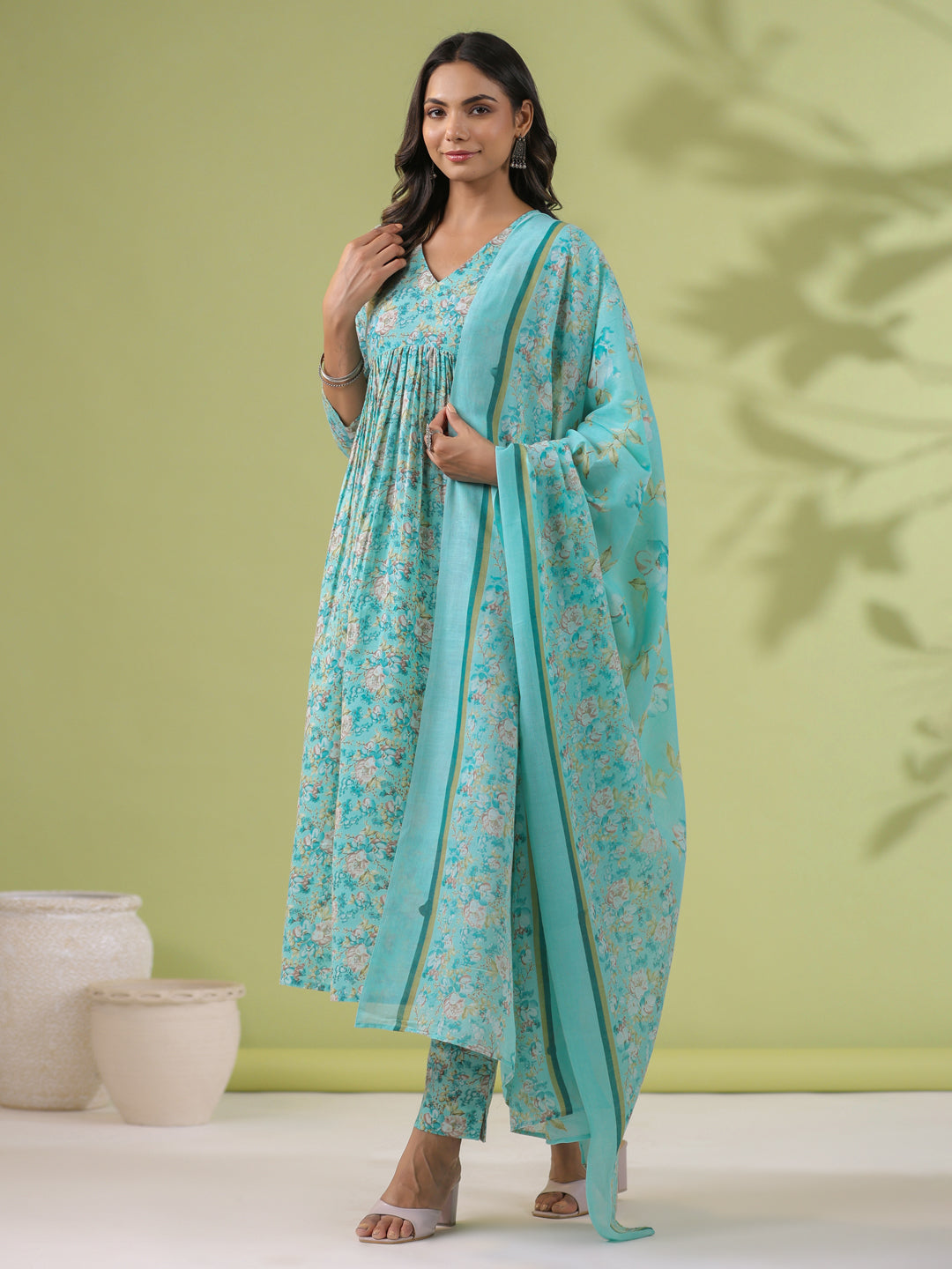 Janasya A-Line Poly Cotton Aqua Floral V-Neck Kurta,Bottom & Dupatta | Grocsy