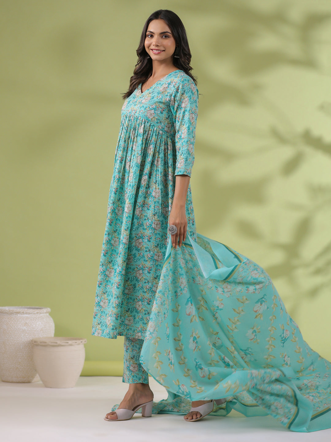 Janasya A-Line Poly Cotton Aqua Floral V-Neck Kurta,Bottom & Dupatta | Grocsy