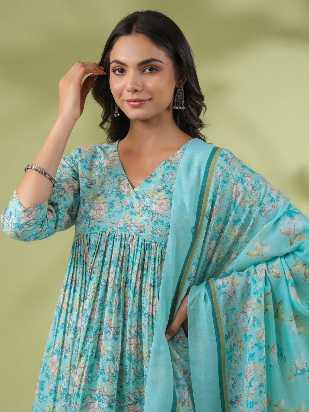 Janasya A-Line Poly Cotton Aqua Floral V-Neck Kurta,Bottom & Dupatta | Grocsy