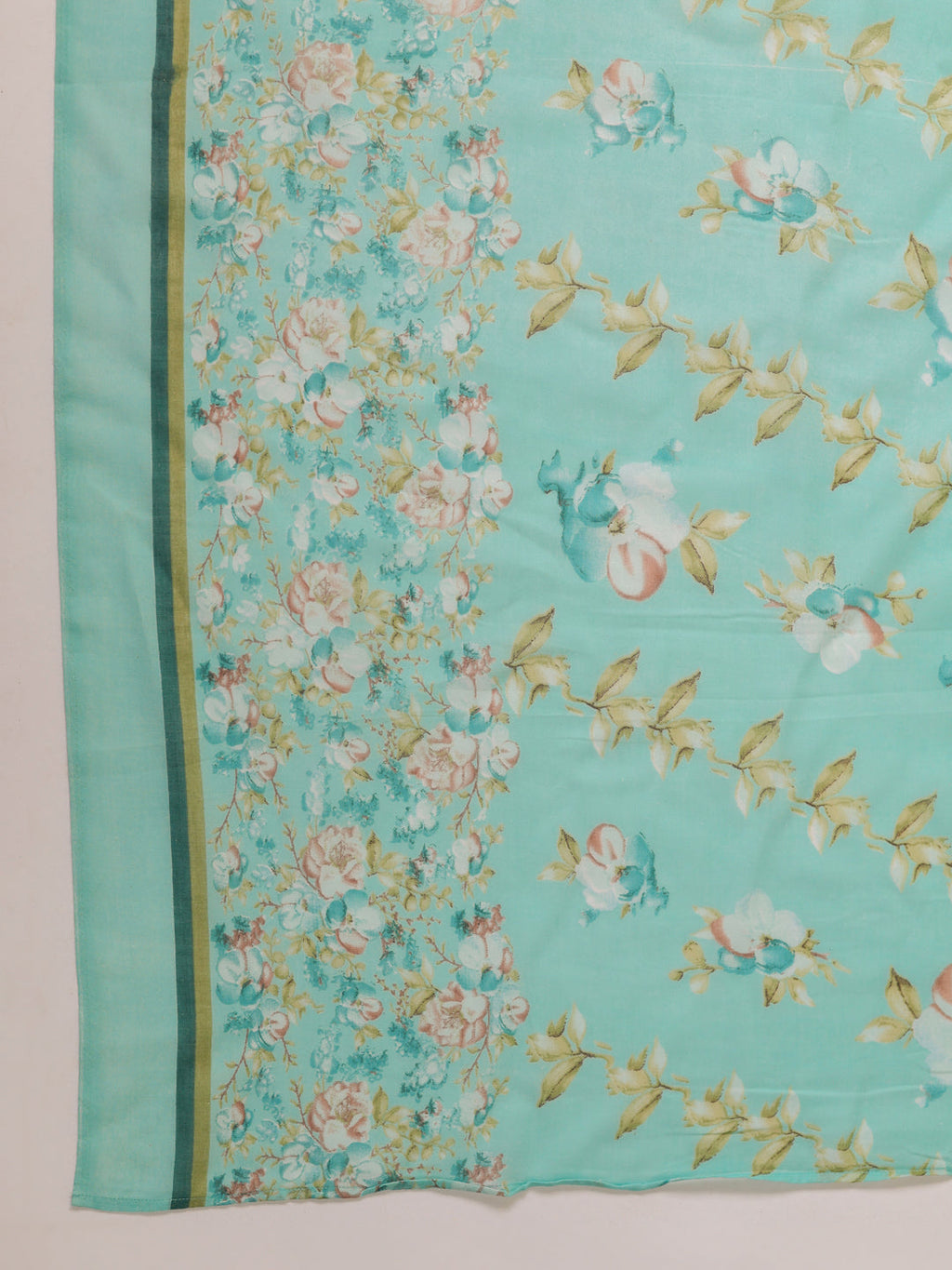 Janasya A-Line Poly Cotton Aqua Floral V-Neck Kurta,Bottom & Dupatta | Grocsy