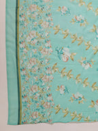 Janasya A-Line Poly Cotton Aqua Floral V-Neck Kurta,Bottom & Dupatta | Grocsy