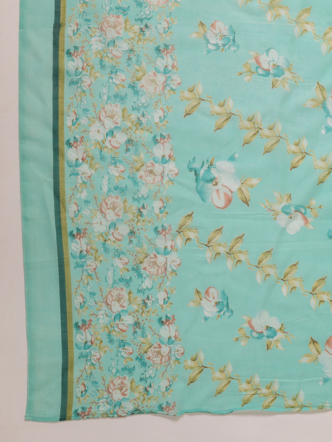 Janasya A-Line Poly Cotton Aqua Floral V-Neck Kurta,Bottom & Dupatta | Grocsy