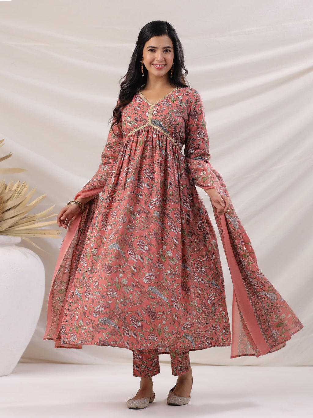 Janasya Pleated Poly Cotton Peach Floral V-Neck Kurta,Bottom & Dupatta | Grocsy