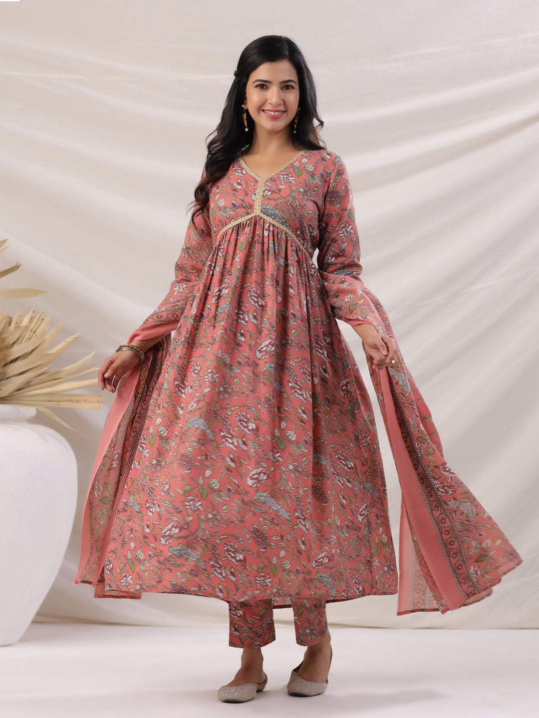 Janasya Pleated Poly Cotton Peach Floral V-Neck Kurta,Bottom & Dupatta | Grocsy