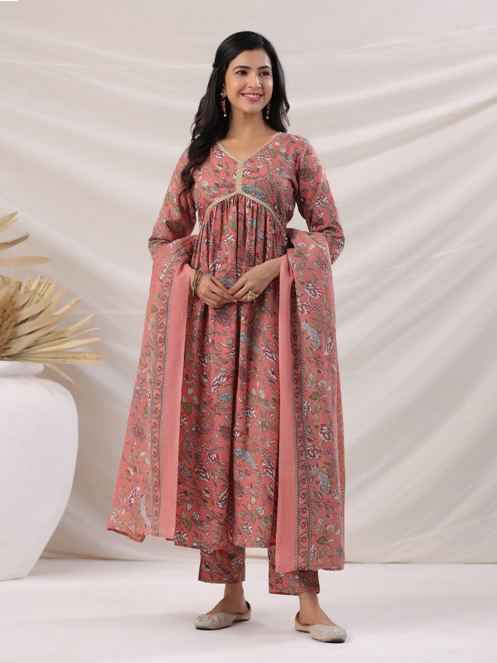 Janasya Pleated Poly Cotton Peach Floral V-Neck Kurta,Bottom & Dupatta | Grocsy