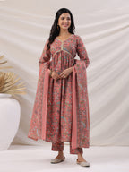 Janasya Pleated Poly Cotton Peach Floral V-Neck Kurta,Bottom & Dupatta | Grocsy