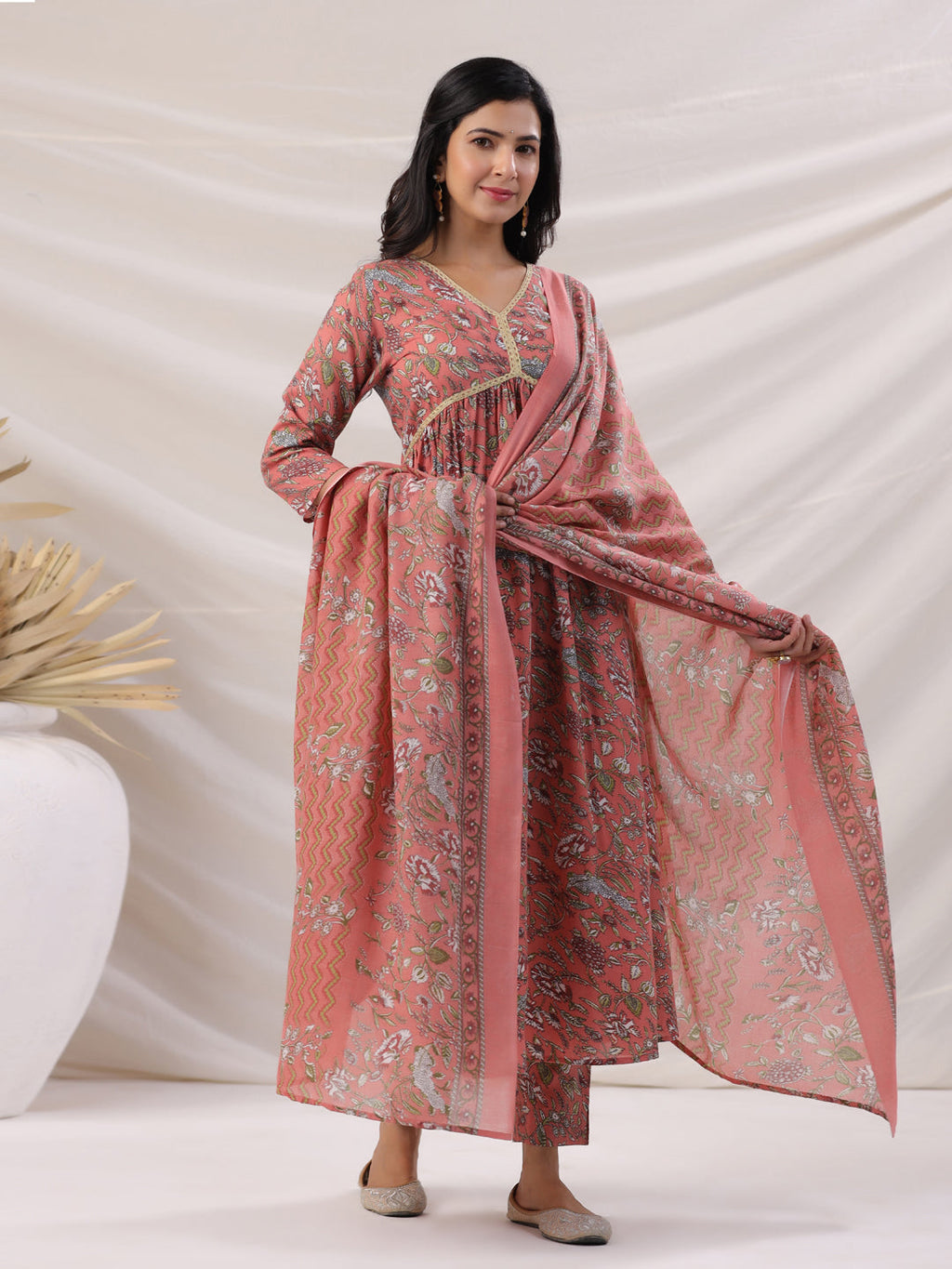 Janasya Pleated Poly Cotton Peach Floral V-Neck Kurta,Bottom & Dupatta | Grocsy