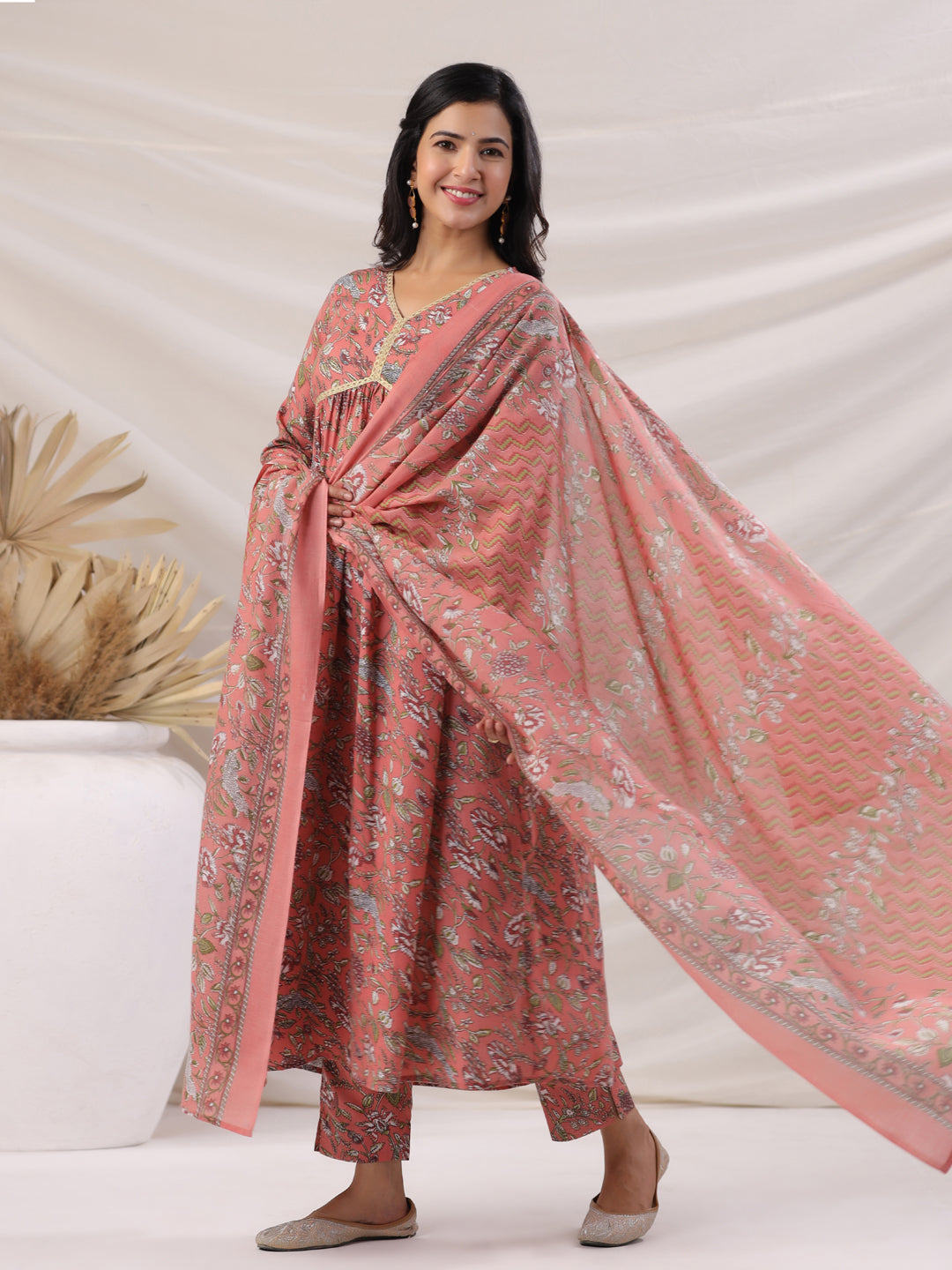 Janasya Pleated Poly Cotton Peach Floral V-Neck Kurta,Bottom & Dupatta | Grocsy