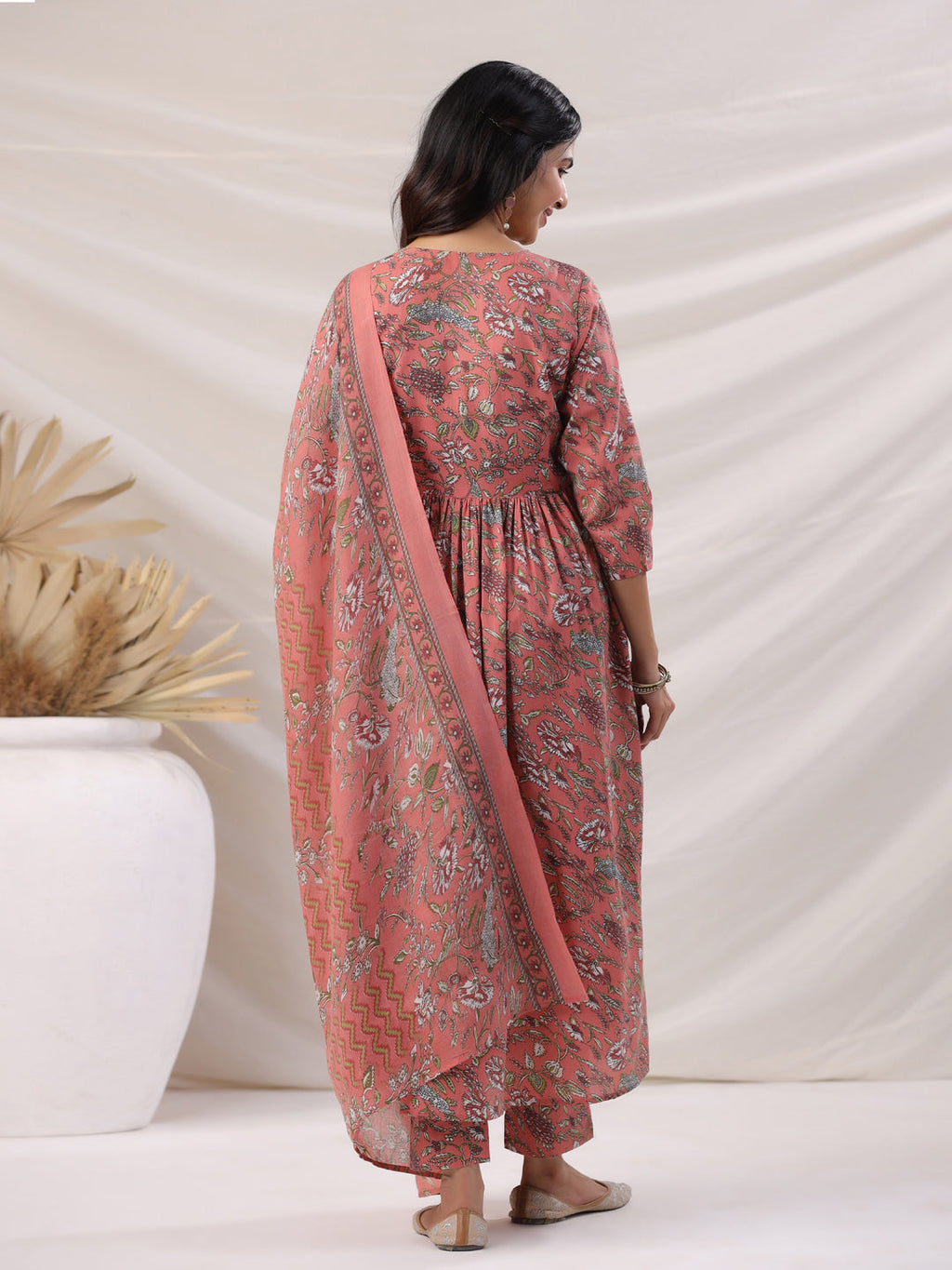 Janasya Pleated Poly Cotton Peach Floral V-Neck Kurta,Bottom & Dupatta | Grocsy