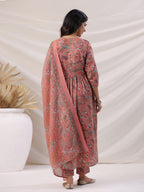 Janasya Pleated Poly Cotton Peach Floral V-Neck Kurta,Bottom & Dupatta | Grocsy